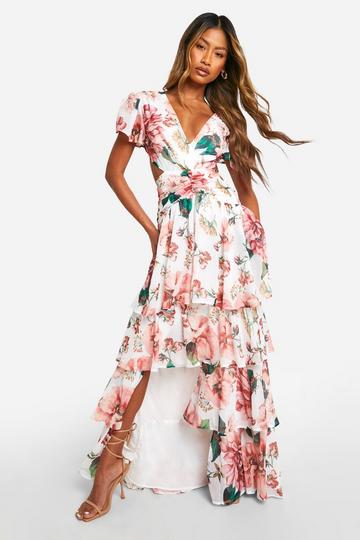 White Floral Ruffle Tiered Cut Out Maxi Dress