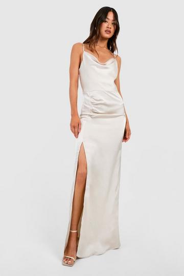 Champagne Beige Tall Occasion Satin Cowl Neck Maxi Dress