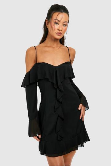 Tall Chiffon Ruffle Off The Shoulder Mini Dress black