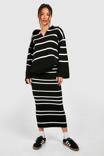 Fine Gauge Stripe Collaed Jumper And Skirt Knitted Set black