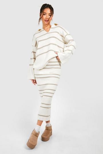 Fine Gauge Stripe Collaed Jumper And Skirt Knitted Set stone