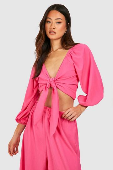 Pink Tall Beach Crinkle Tie Front Puff Sleeve Top