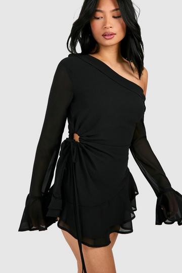 Petite Bardot Chiffon Long Sleeve Mini Dress black