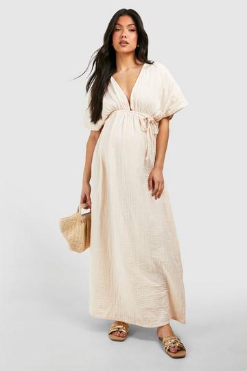 Stone Beige Maternity Cheesecloth Belted Maxi Beach Dress