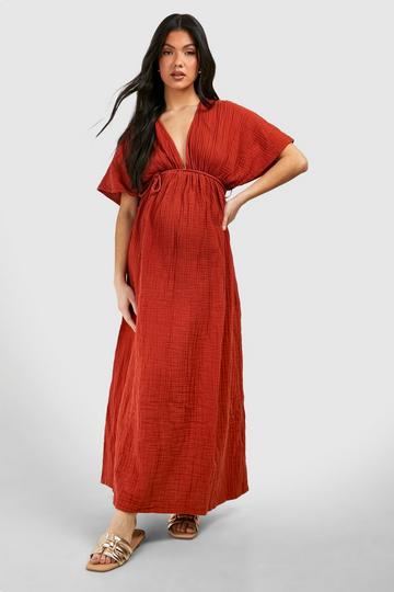 Terracotta Orange Maternity Cheesecloth Belted Maxi Beach Dress