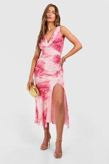 Cowl Neck Floral Split Leg Midaxi Dress pink