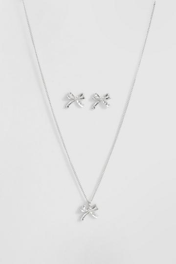 Mini Bow Detail Necklace & Earring Set silver