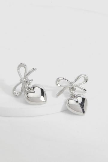 Silver Silver Bow & Heart Drop Earrings