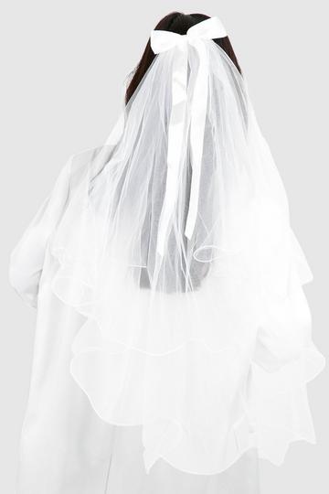 Long Bow Bridal Veil Hair Clip white