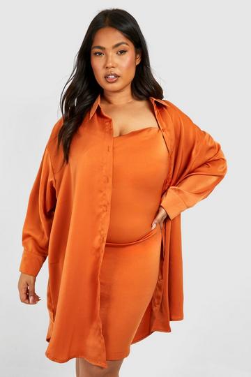 Rust Orange Plus Satin 2 In 1 Shirt & Satin Slip Dress