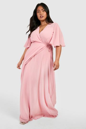 Blush Pink Plus Angel Sleeve Wrap Bridesmaid Dress