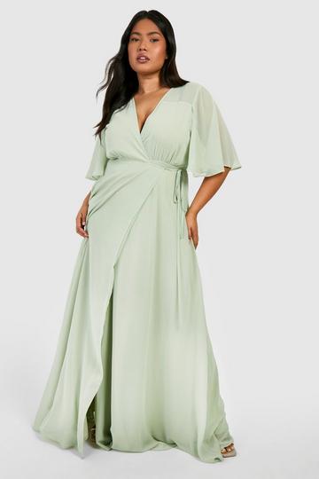 Sage Green Plus Angel Sleeve Wrap Bridesmaid Dress