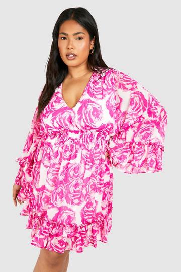 Plus Floral Wrap Extreme Sleeve Smock Dress pink