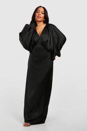 Plus Satin Plunge Blouson Sleeve Maxi Dress black