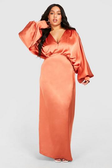 Rust Orange Plus Satin Plunge Blouson Sleeve Maxi Dress