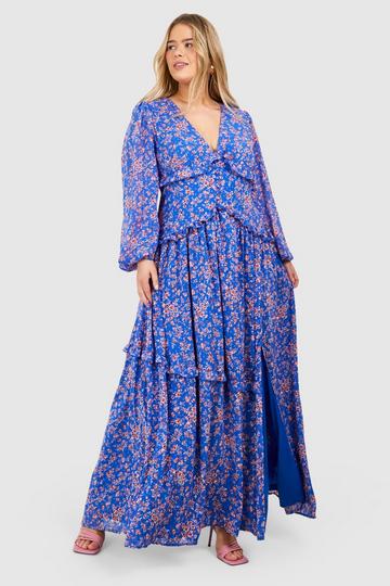 Plus Ditsy Floral Waist Detail Maxi Dress blue