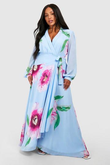 Plus Floral Print Long Sleeve Wrap Maxi Dress blue