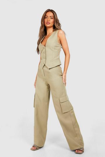 Textured Cargo Pocket Wide Leg Trousers sage