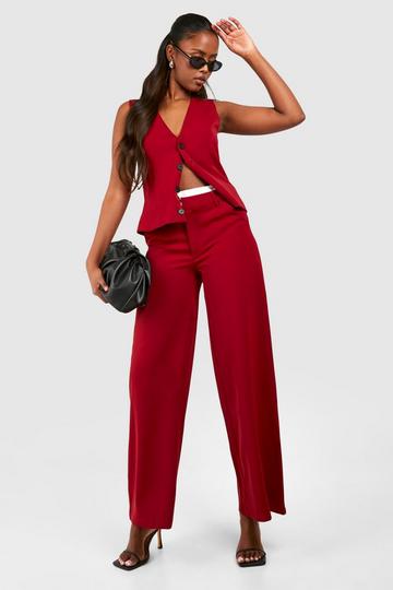 Contrast Waistband Wide Leg Tailored Trousers cherry