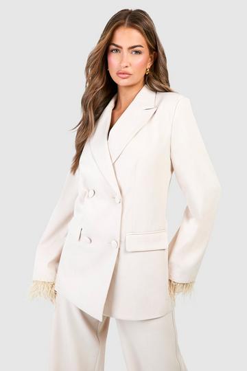 Stone Beige Feather Trim Relaxed Fit Blazer