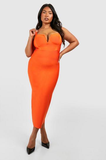 Orange Plus Bandage Mesh V Midi Dress