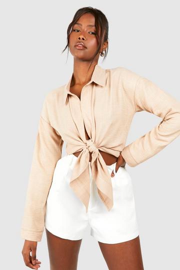 Linen Knot Front Long Sleeve Blouse stone