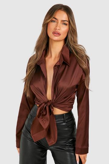 Satin Knot Front Long Sleeve Blouse chocolate