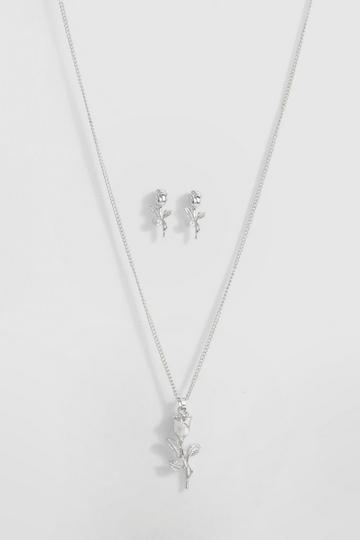 Delicate Rose Detail Necklace & Earring Set silver