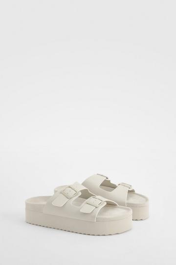Platform Double Strap Footbed Buckle Sliders white
