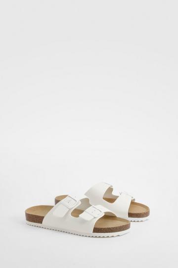 White Double Strap Footbed Buckle Sliders