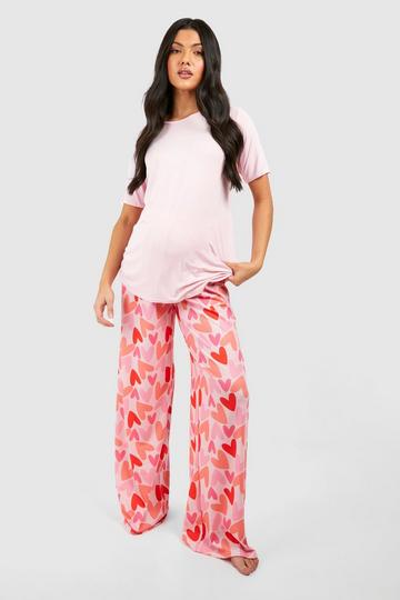 Maternity Heart Print Trouser Pyjama Set pink