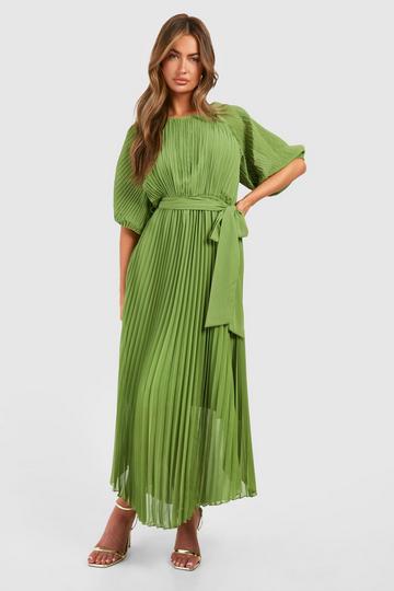Olive Green Pleated Puff Sleeve Midi Dress