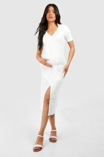 Maternity Textured Rib Collard Button Down Midi Dress cream