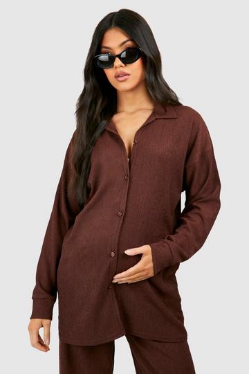 Maternity Button Down Oversized Textured Shirt chocolate
