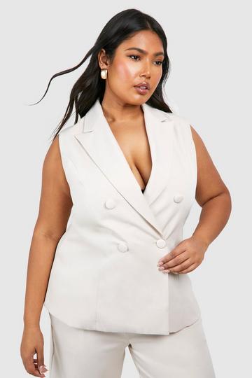Ecru White Plus Sleeveless Self Fabric Tailored Blazer
