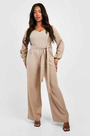 Plus Sweetheart Neck Long Sleeve Wide Leg Jumpsuit taupe