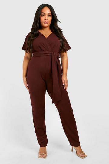 Plus V Neck Belted Straight Leg Jumpsuit chocolate
