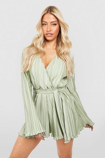 Green Wide Plisse Wrap Flare Sleeve Playsuit