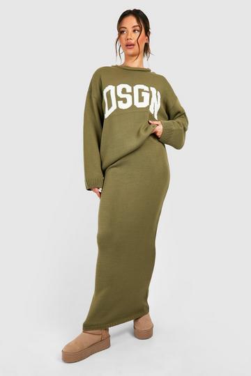 Dsgn Crew Neck Knitted Jumper And Maxi Skirt Set khaki