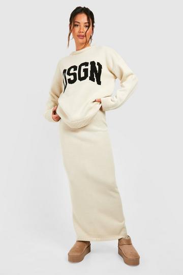 Dsgn Crew Neck Knitted Jumper And Maxi Skirt Set stone