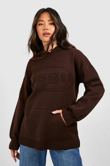 Chocolate Brown Dsgn Embossed Oversized Knitted Hoodie