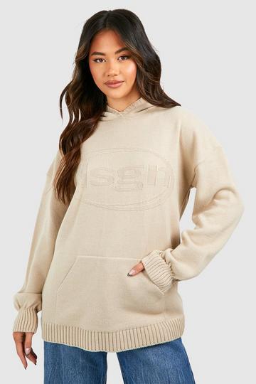 Stone Beige Dsgn Embossed Oversized Knitted Hoodie