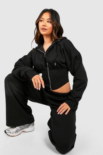 Corset Zip Hoodie And Straight Leg Jogger Tracksuit black