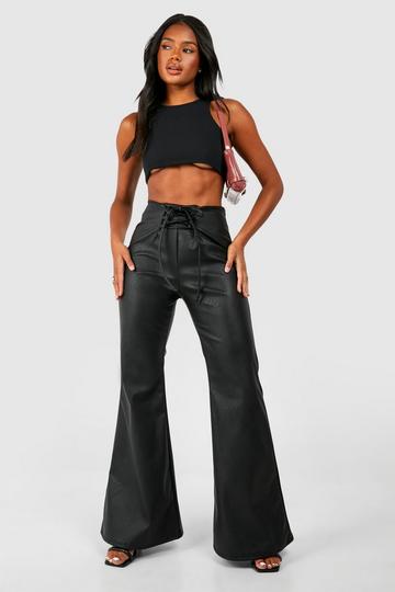 Black Lace-Up Ruched Flare Pants & Halter Crop Top - S / Black
