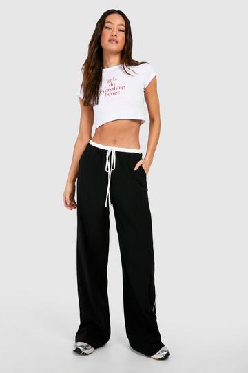 Black Tall Linen Contrast Piping Wide Leg Trousers