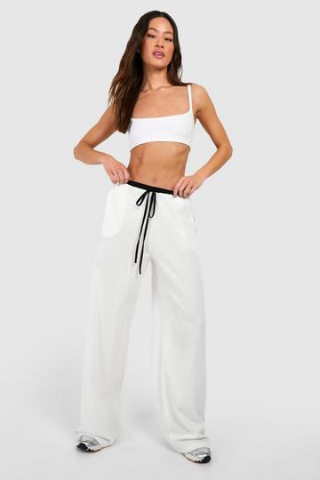 Tall Linen Contrast Piping Wide Leg Trousers white