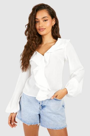 White Textured Ruffle Tie Front Blouse