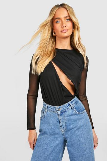 Ruched Mesh Cut Out Long Sleeve Bodysuit black
