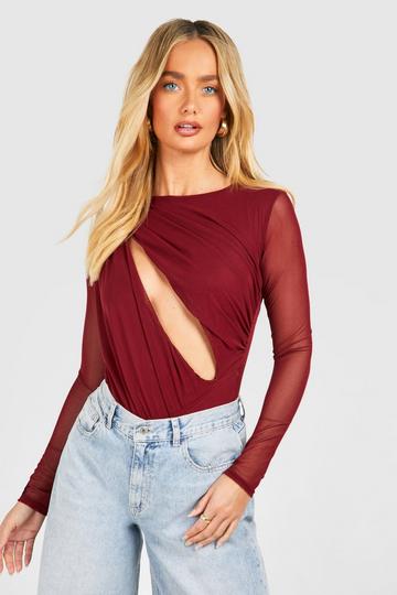 Ruched Mesh Cut Out Long Sleeve Bodysuit purple