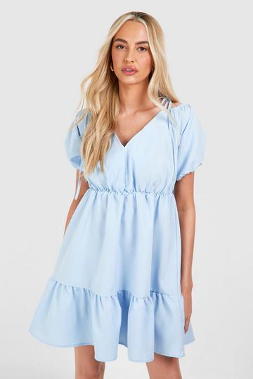 Tall Woven V Neck Tiered Smock Dress baby blue